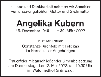 Traueranzeige von Angelika Kubern von Süddeutsche Zeitung