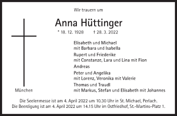 Traueranzeige von Anna Hüttinger von Süddeutsche Zeitung