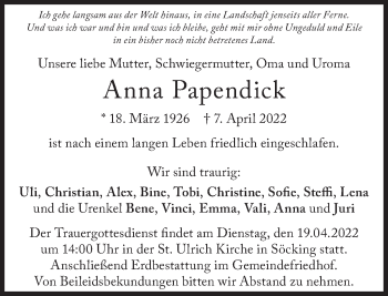 Traueranzeige von Anna Papendick von Süddeutsche Zeitung