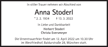 Traueranzeige von Anna Stoderl von Süddeutsche Zeitung