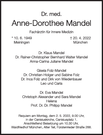 Traueranzeige von Anne-Dorothee Mandel von Süddeutsche Zeitung