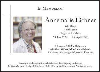 Traueranzeige von Annemarie Eichner von Süddeutsche Zeitung