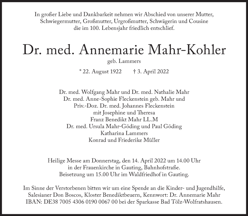  Traueranzeige für Annemarie Mahr-Kohler vom 09.04.2022 aus Süddeutsche Zeitung