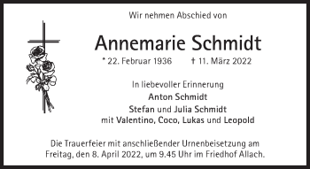 Traueranzeige von Annemarie Schmidt von Süddeutsche Zeitung