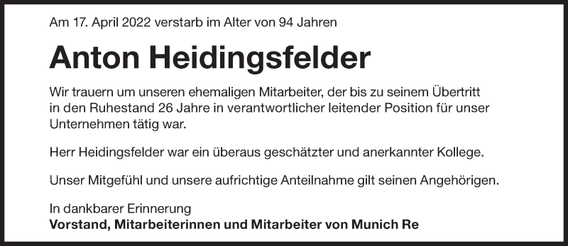  Traueranzeige für Anton Heidingsfelder vom 22.04.2022 aus Süddeutsche Zeitung