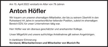 Traueranzeige von Anton Höfler von Süddeutsche Zeitung