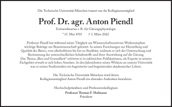 Traueranzeige von Anton Piendl von Süddeutsche Zeitung