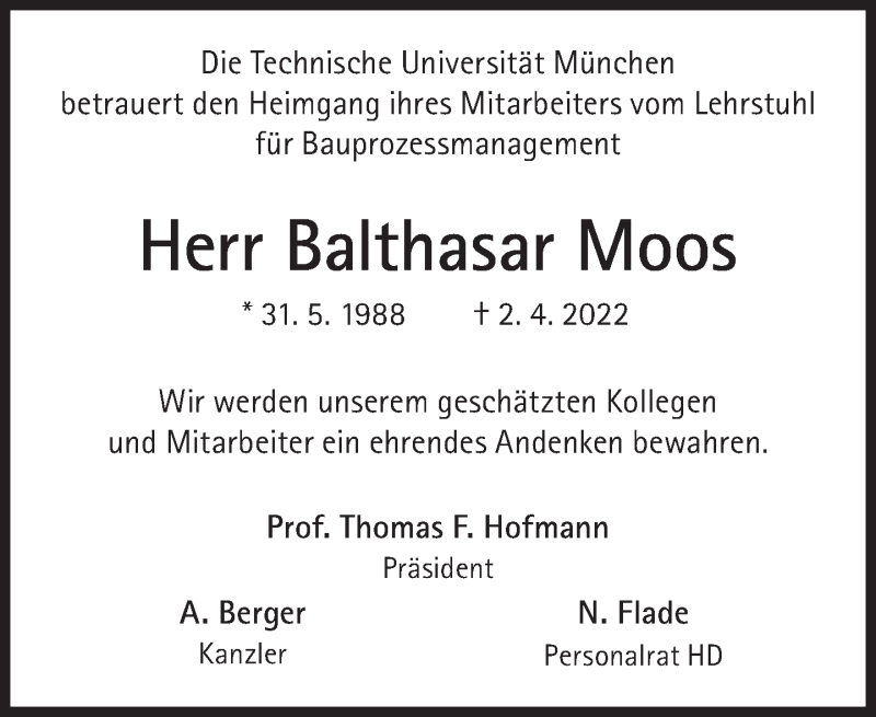  Traueranzeige für Balthasar Moos vom 16.04.2022 aus Süddeutsche Zeitung