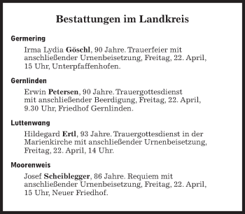 Traueranzeige von Bestattungen vom 22.04.2022 von Süddeutsche Zeitung