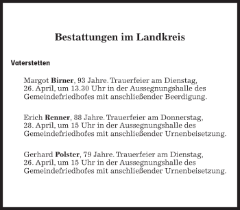 Traueranzeige von Bestattungen vom 25.04.2022 von Süddeutsche Zeitung