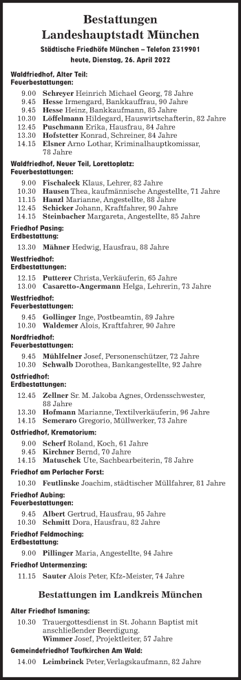Traueranzeige von Bestattungen vom 26.04.2022 von Süddeutsche Zeitung