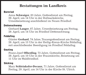 Traueranzeige von Bestattungen vom 29.04.2022 von Süddeutsche Zeitung