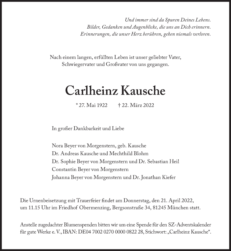  Traueranzeige für Carlheinz Kausche vom 09.04.2022 aus Süddeutsche Zeitung
