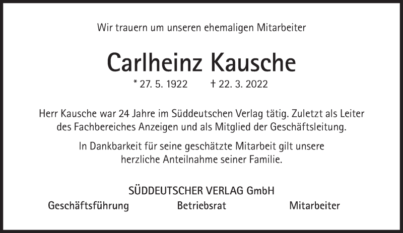  Traueranzeige für Carlheinz Kausche vom 09.04.2022 aus Süddeutsche Zeitung