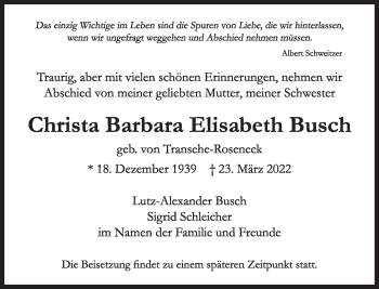 Traueranzeige von Christa Barbara Busch  von Süddeutsche Zeitung