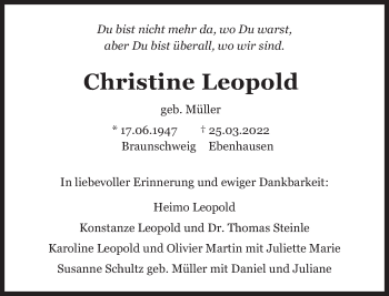 Traueranzeige von Christine Leopold von Süddeutsche Zeitung