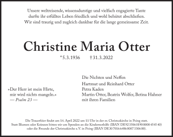 Traueranzeige von Christine Maria Otter  von Süddeutsche Zeitung