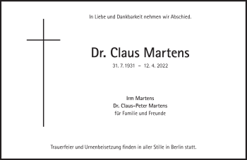 Traueranzeige von Claus Martens von Süddeutsche Zeitung