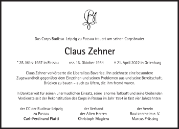 Traueranzeige von Claus Zehner von Süddeutsche Zeitung