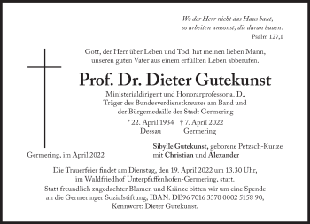 Traueranzeige von Dieter Gutekunst von Süddeutsche Zeitung