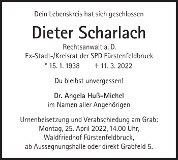 Traueranzeige von Dieter Scharlach  von Süddeutsche Zeitung