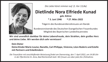 Traueranzeige von Dietlinde Nora Elfriede Kunad von Süddeutsche Zeitung