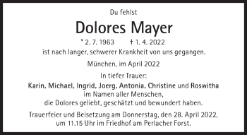 Traueranzeige von Dolores Mayer von Süddeutsche Zeitung