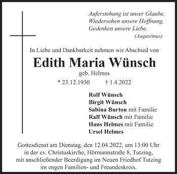 Traueranzeige von Edith Wünsch von Süddeutsche Zeitung