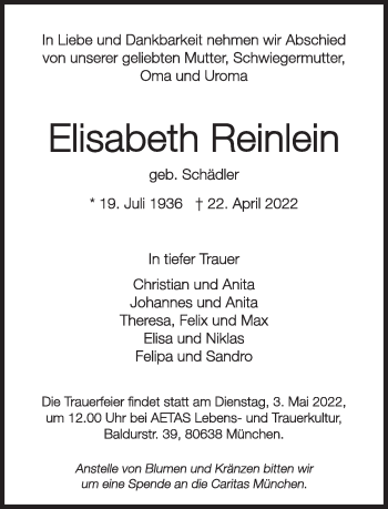 Traueranzeige von Elisabeth Reinlein von Süddeutsche Zeitung