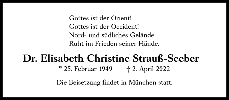  Traueranzeige für Elisabeth Christine Strauß-Seeber vom 12.04.2022 aus Süddeutsche Zeitung