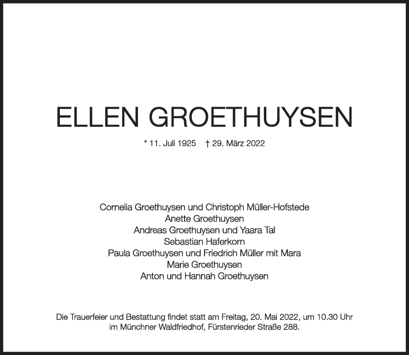  Traueranzeige für Ellen Groethuysen vom 02.04.2022 aus Süddeutsche Zeitung
