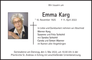 Traueranzeige von Emma Karg von Süddeutsche Zeitung