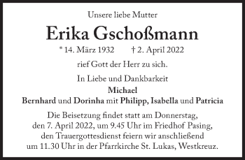 Traueranzeige von Erika Gschoßmann von Süddeutsche Zeitung
