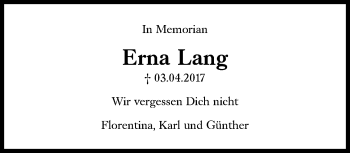 Traueranzeige von Erna Lang von Süddeutsche Zeitung