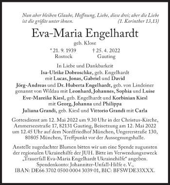 Traueranzeige von Eva-Maria Engelhardt von Süddeutsche Zeitung