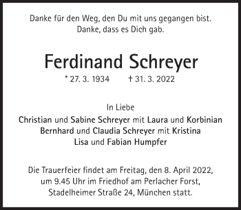 Traueranzeige von Ferdinand Schreyer von Süddeutsche Zeitung