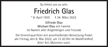 Traueranzeige von Friedrich Glas von Süddeutsche Zeitung