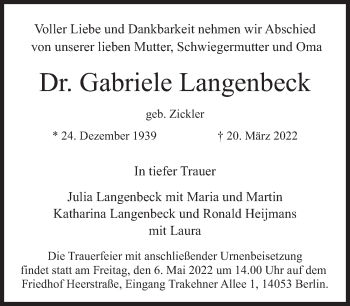 Traueranzeige von Gabriele Langenbeck von Süddeutsche Zeitung