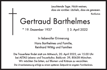 Traueranzeige von Gertraud Barthelmes von Süddeutsche Zeitung