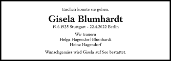 Traueranzeige von Gisela Blumhardt von Süddeutsche Zeitung