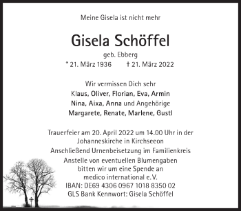 Traueranzeige von Gisela Schöffel von Süddeutsche Zeitung
