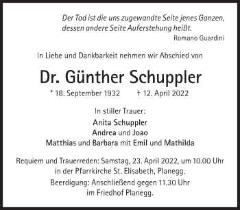 Traueranzeige von Günther Schuppler von Süddeutsche Zeitung