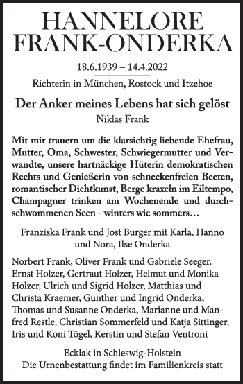 Traueranzeige von Hannelore Frank-Onderka von Süddeutsche Zeitung