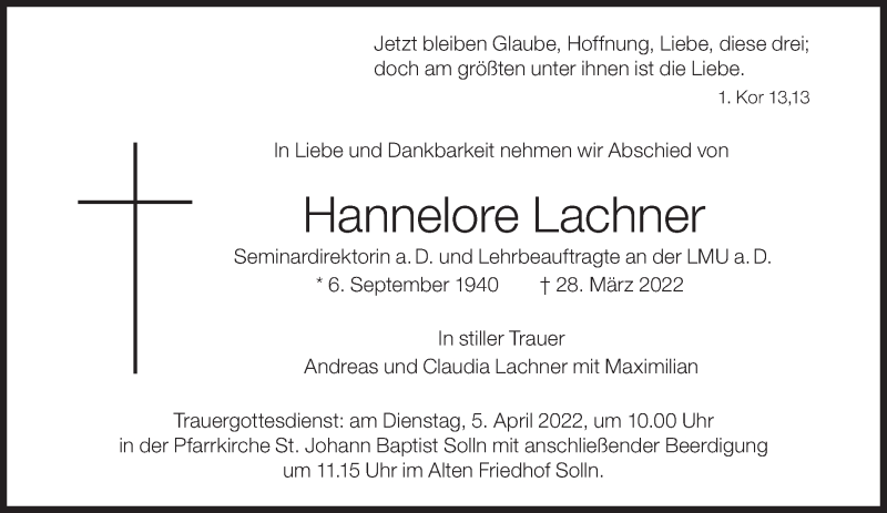  Traueranzeige für Hannelore Lachner vom 02.04.2022 aus Süddeutsche Zeitung