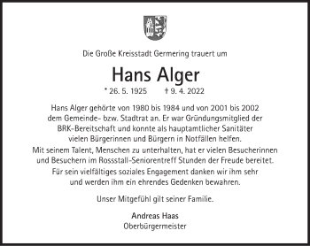 Traueranzeige von Hans Alger von Süddeutsche Zeitung