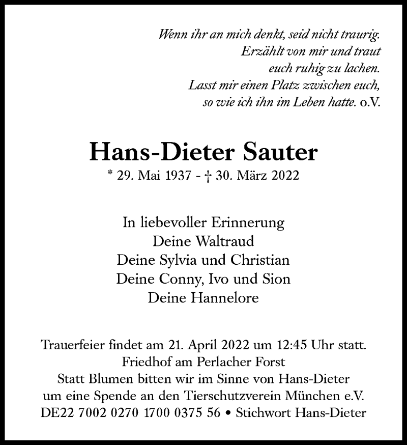  Traueranzeige für Hans-Dieter Sauter vom 09.04.2022 aus Süddeutsche Zeitung