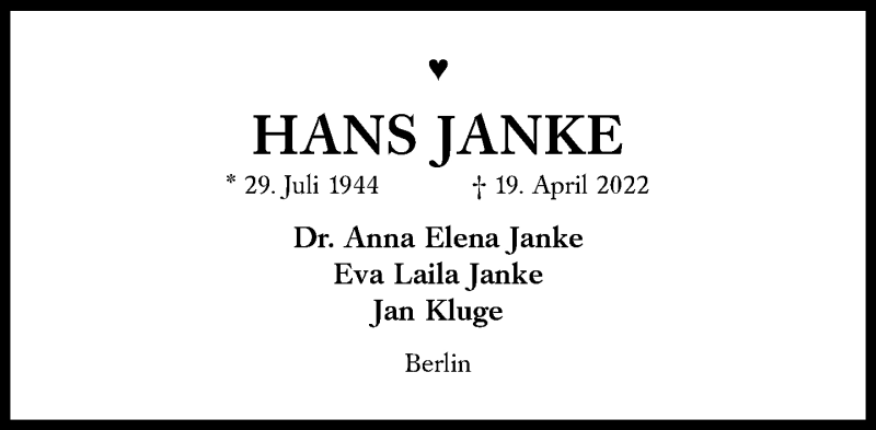  Traueranzeige für Hans Janke vom 29.04.2022 aus Süddeutsche Zeitung
