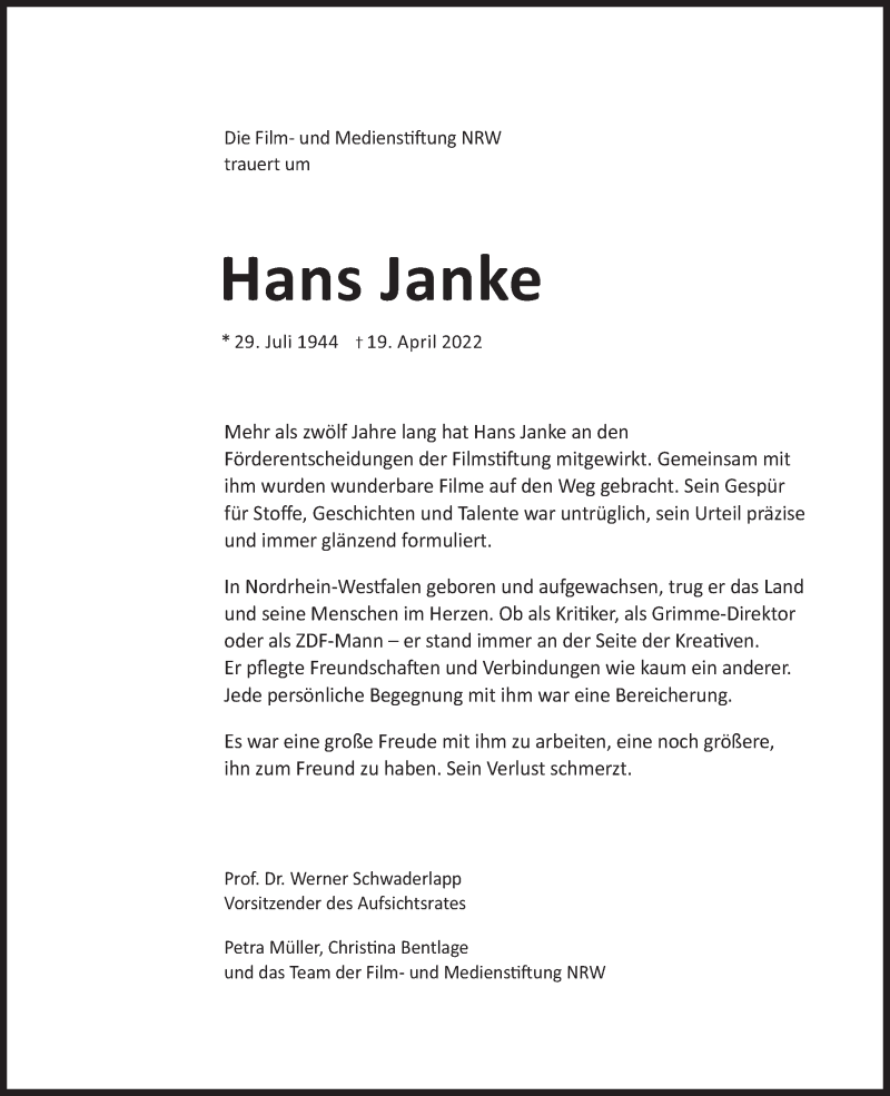  Traueranzeige für Hans Janke vom 30.04.2022 aus Süddeutsche Zeitung