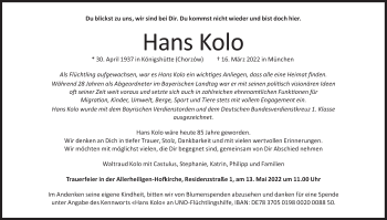 Traueranzeige von Hans Kolo von Süddeutsche Zeitung