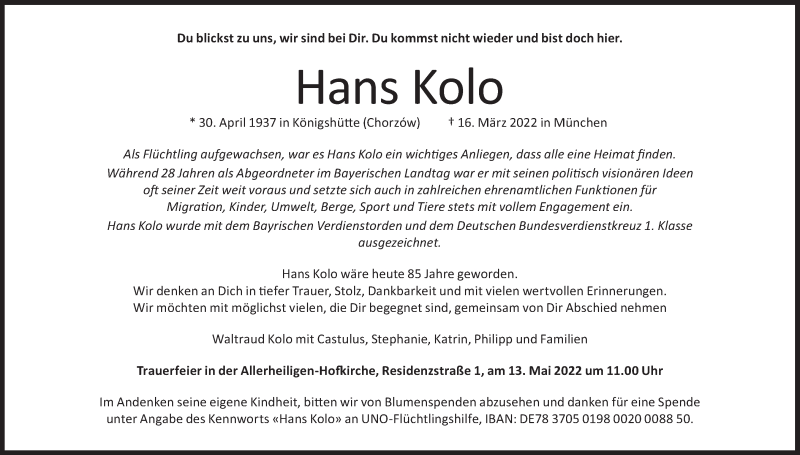 Traueranzeige für Hans Kolo vom 30.04.2022 aus Süddeutsche Zeitung